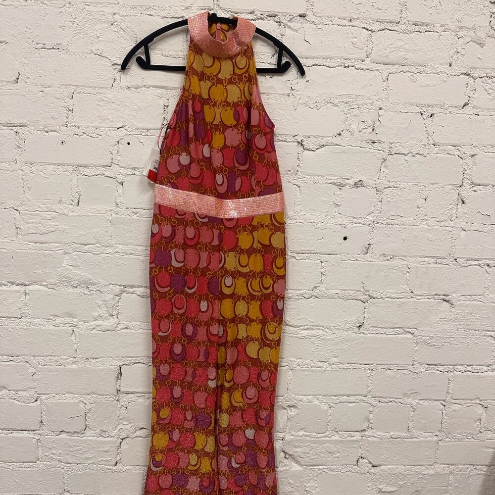 SS23 MOSCHINO Couture Jeremy Scott 60s Halter Chains Print Slim Fit Jumpsuit